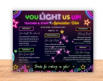Glow Theme Teacher Appreciation Week Flyer: Neon Itinerary (CANVA Template)