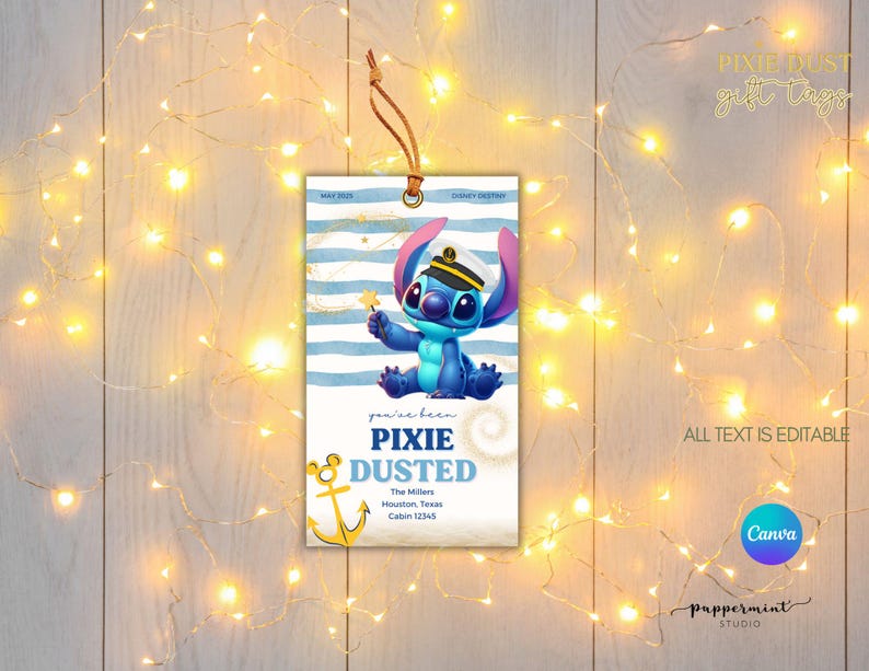 May include: A rectangular gift tag featuring a blue cartoon character in a sailor hat holding a star. The tag has blue and white stripes, the words "PIXIE DUSTED", and editable text. A brown string is attached to the top.