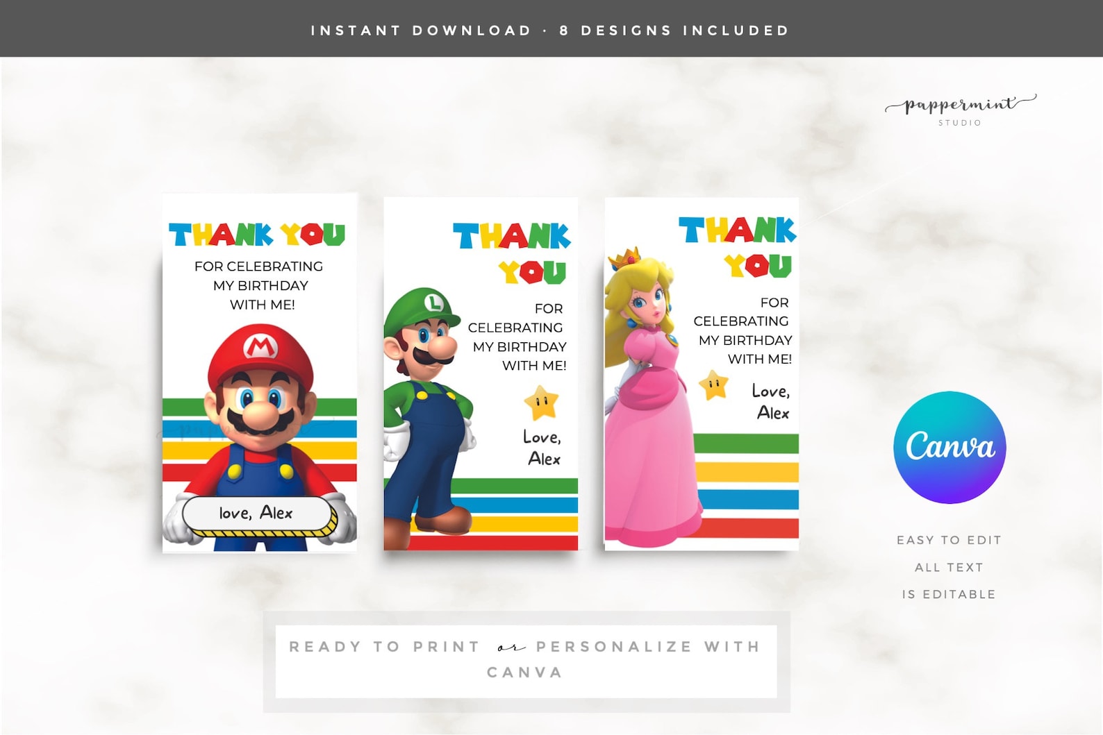 SUPER MARIO Thank You Cards Mario Birthday Thanks for Coming Editable ...