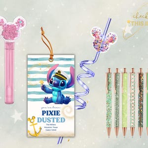 May include: A collection of Disney-themed stationery items. Includes a pink bubble wand with a Mickey Mouse head, a tag featuring Stitch, a Mickey Mouse straw, and several glitter pens in various shades of green. The tag reads "You've been Pixie Dusted".