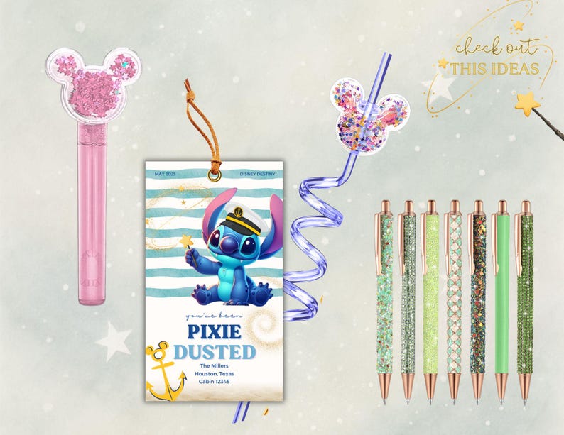 May include: A collection of Disney-themed stationery items. Includes a pink bubble wand with a Mickey Mouse head, a tag featuring Stitch, a Mickey Mouse straw, and several glitter pens in various shades of green. The tag reads "You've been Pixie Dusted".