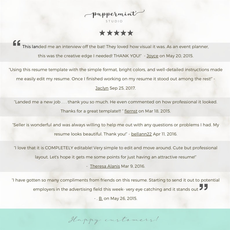 May include: A collection of positive customer reviews for a resume template. The reviews highlight the ease of use, professional look, and positive feedback received from potential employers.