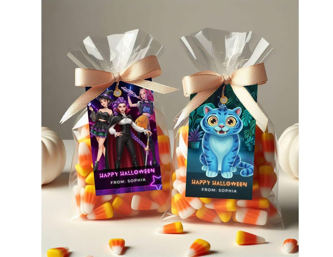 KPop Demon Hunters Halloween tags, Demon Hunters Huntrx Halloween gift ...