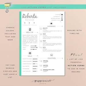 May include: A black and white resume template with a teal background. The resume is for Roberta Nowak, an elementary teacher. The resume includes sections for experience, education, skills, and about me. The resume also includes a list of +100 action verbs to use in your resume.
