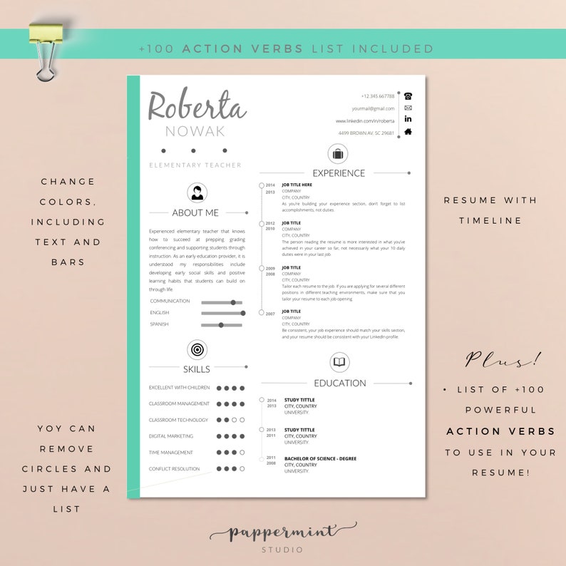 May include: A black and white resume template with a teal background. The resume is for Roberta Nowak, an elementary teacher. The resume includes sections for experience, education, skills, and about me. The resume also includes a list of +100 action verbs to use in your resume.