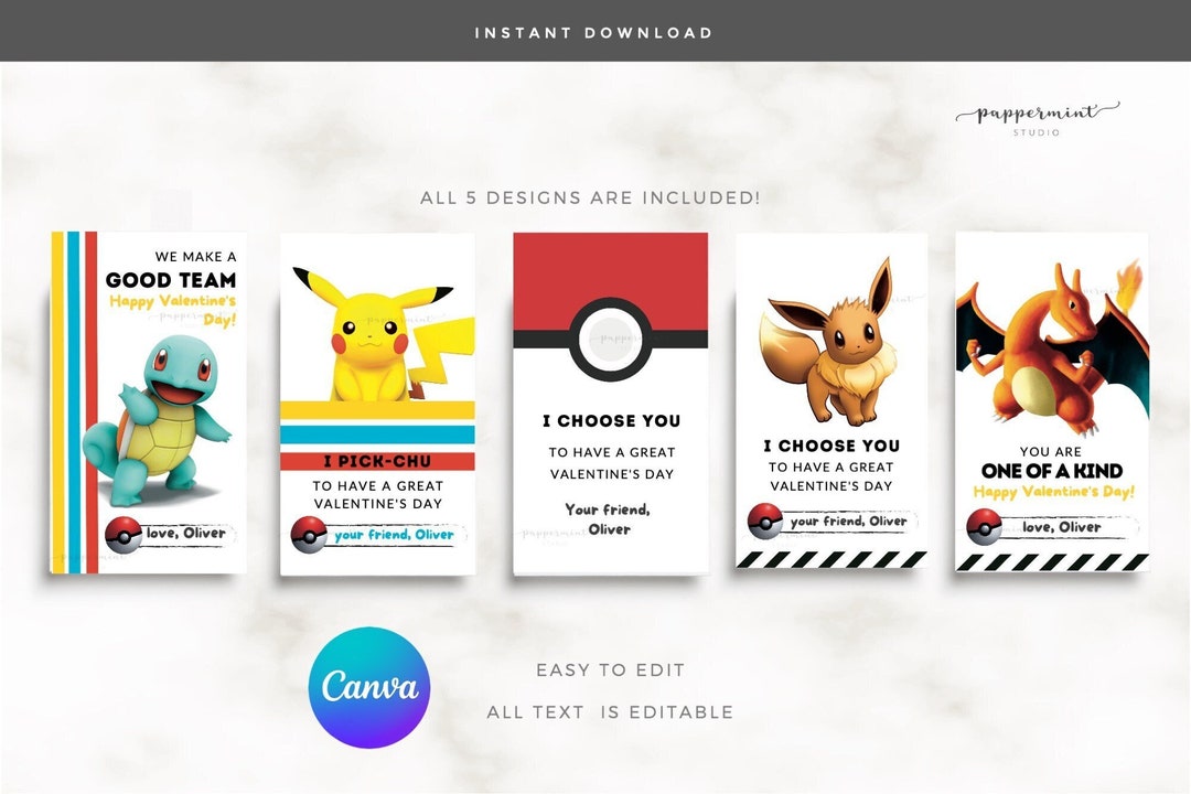 PIKACHU Valentines Cards, Printable Class Valentine's Day Cards, CANVA ...