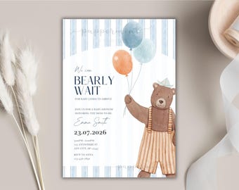 Bear Balloon Baby Shower Invitation Bundle, Canva Editable