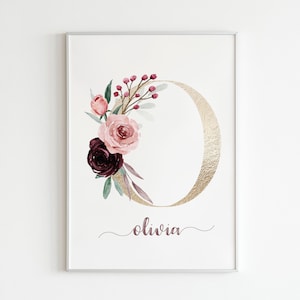 Burgundy Floral Personalized Frame prints, Burgundy pink and gold, Floral initial pint - Custom name - Baby girl Wall art 012 - Digital File