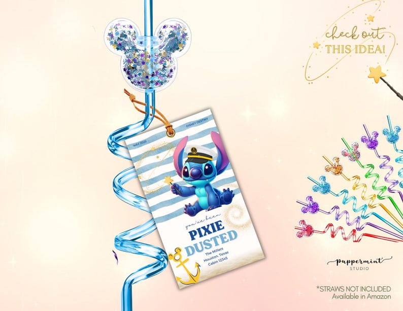 May include: A blue and clear plastic straw with a Mickey Mouse-shaped top filled with glitter. A tag featuring Stitch from Lilo & Stitch reads "Pixie Dusted". The image also includes a variety of colorful straws.