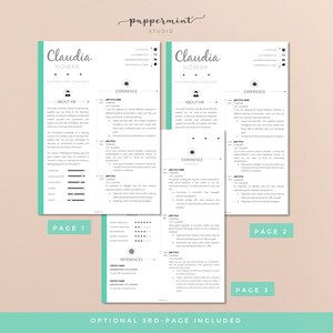 May include: A three-page resume template for an elementary teacher. The template features a modern design with a mint green accent color. The resume includes sections for "About Me", "Experience", and "References".
