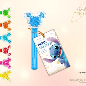 May include: A collection of colorful bubble wands with Mickey Mouse-shaped tops filled with glitter. A blue bubble wand is attached to a tag featuring Stitch from Lilo & Stitch. The tag reads "PIXIE DUSTED".