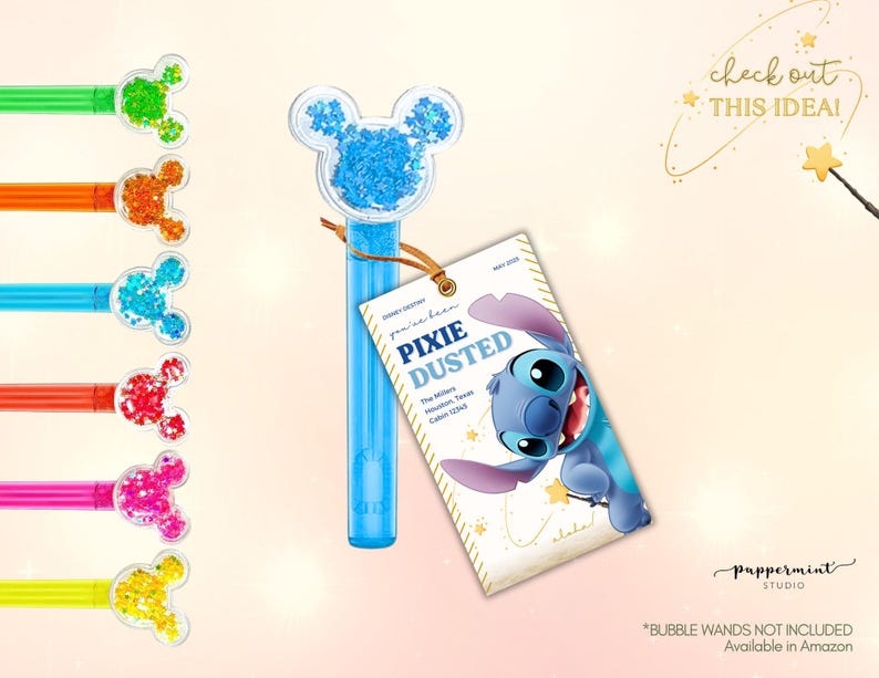 May include: A collection of colorful bubble wands with Mickey Mouse-shaped tops filled with glitter. A blue bubble wand is attached to a tag featuring Stitch from Lilo & Stitch. The tag reads "PIXIE DUSTED".