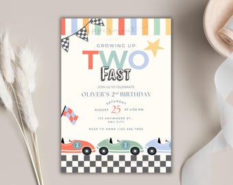 Race Car 2nd Birthday Invitation, growing up TWO fast, CANVA Template (Digital Download)