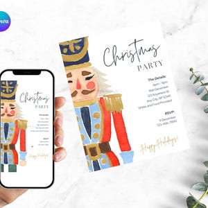 Puede incluir: Una invitaci&oacute;n a una fiesta de Navidad con una ilustraci&oacute;n en acuarela de un soldado cascanueces. La invitaci&oacute;n incluye el texto "Christmas Party", los detalles del evento y una secci&oacute;n de RSVP. El dise&ntilde;o est&aacute; sobre un fondo blanco.