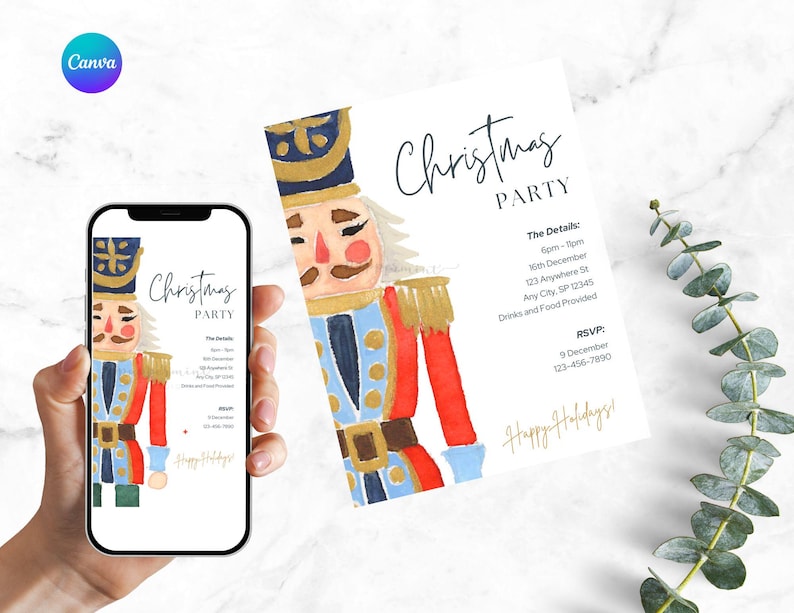 Puede incluir: Una invitaci&oacute;n a una fiesta de Navidad con una ilustraci&oacute;n en acuarela de un soldado cascanueces. La invitaci&oacute;n incluye el texto "Christmas Party", los detalles del evento y una secci&oacute;n de RSVP. El dise&ntilde;o est&aacute; sobre un fondo blanco.