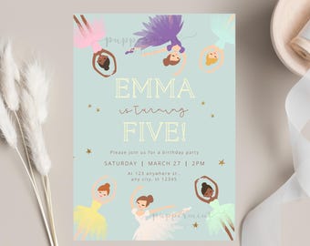 Ballerina Birthday Invitation, Digital Canva Template, Four Color Variations