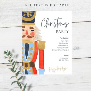 Puede incluir: Una invitaci&oacute;n a una fiesta de Navidad con una ilustraci&oacute;n de acuarela de un soldado cascanueces. La invitaci&oacute;n incluye el texto "Christmas PARTY" y los detalles del evento. La frase "Happy Holidays!" tambi&eacute;n est&aacute; incluida.