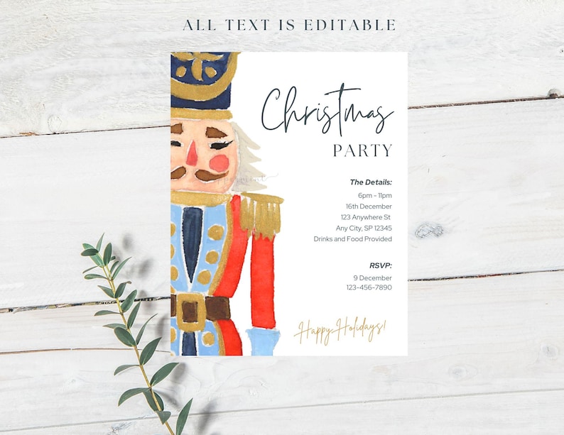 Puede incluir: Una invitaci&oacute;n a una fiesta de Navidad con una ilustraci&oacute;n de acuarela de un soldado cascanueces. La invitaci&oacute;n incluye el texto "Christmas PARTY" y los detalles del evento. La frase "Happy Holidays!" tambi&eacute;n est&aacute; incluida.