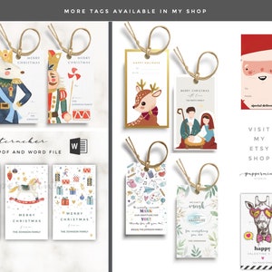 Puede incluir: Una colecci&oacute;n de etiquetas de regalo con varios dise&ntilde;os, incluyendo cascanueces, renos y Pap&aacute; Noel. Cada etiqueta est&aacute; adornada con una cuerda para una f&aacute;cil fijaci&oacute;n. El texto incluye "Merry Christmas" y "Happy Thanksgiving".