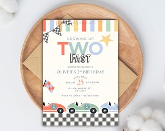 Birthday Boy Invitation 2 years, Growing up TWO fast, CANVA Template (Digital Download)