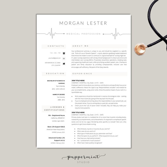 Medical Professional Printable Resume Template For Word New Etsy