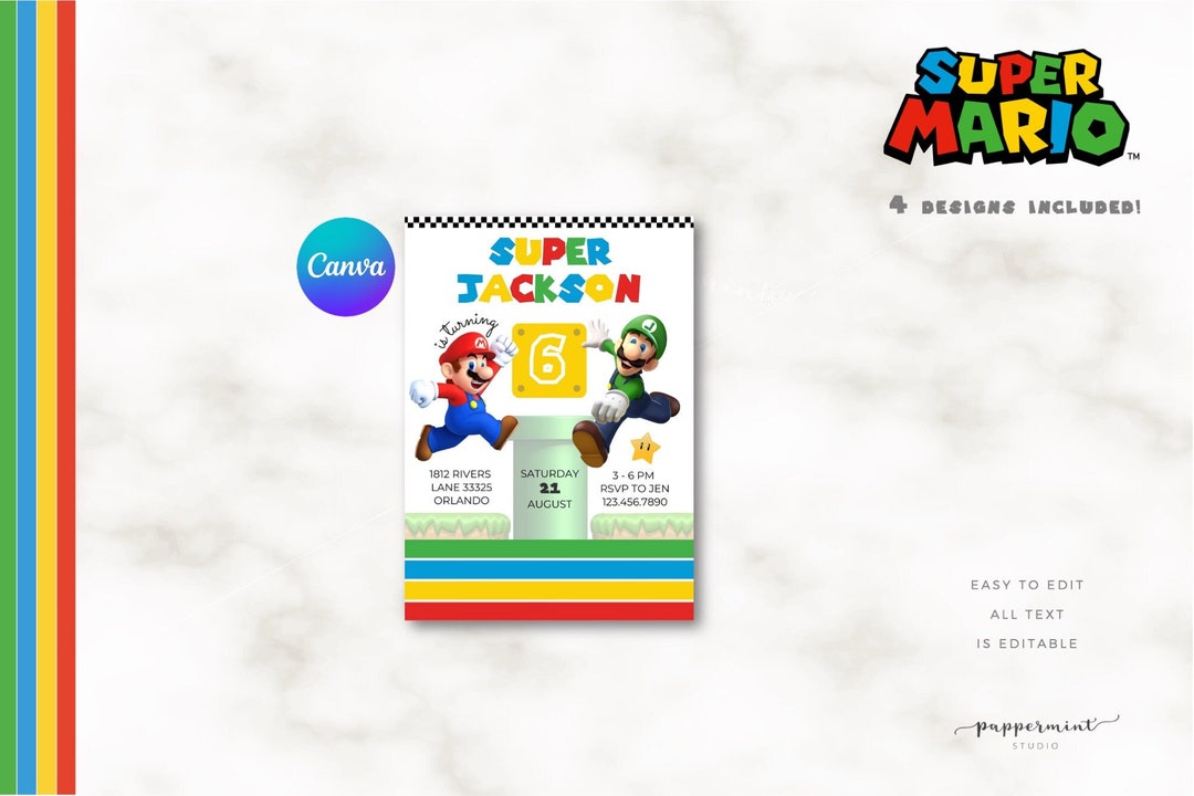 SUPER MARIO Party Invitation Mario Birthday Editable CANVA Template - Etsy