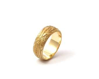 Handmade 14k Gold Wedding Band, Geometric Engraved Ring