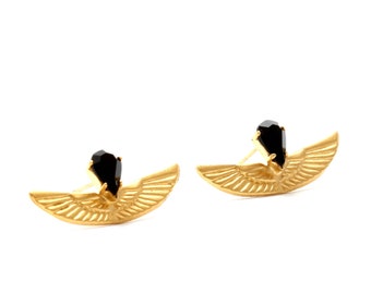 Gold Wing Stud Earrings, Wing Post Earrings, Gold Black Earrings, Swarovski Earrings, Black Swarovski, Phoenix Earrings