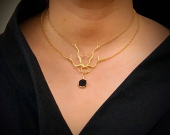 Gold Branch Necklace with Onyx – Gothic Statement Jewelry, Woodland Twig Design