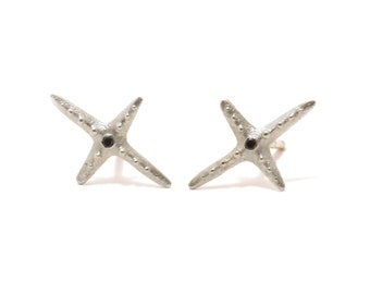 Silver Star Stud Earrings, Black Diamonds Silver Earrings, Delicate Silver star earrings