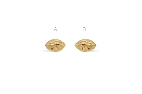 14K Gold Horus Eye Stud Earring, Black Diamond, Egyptian Symbol