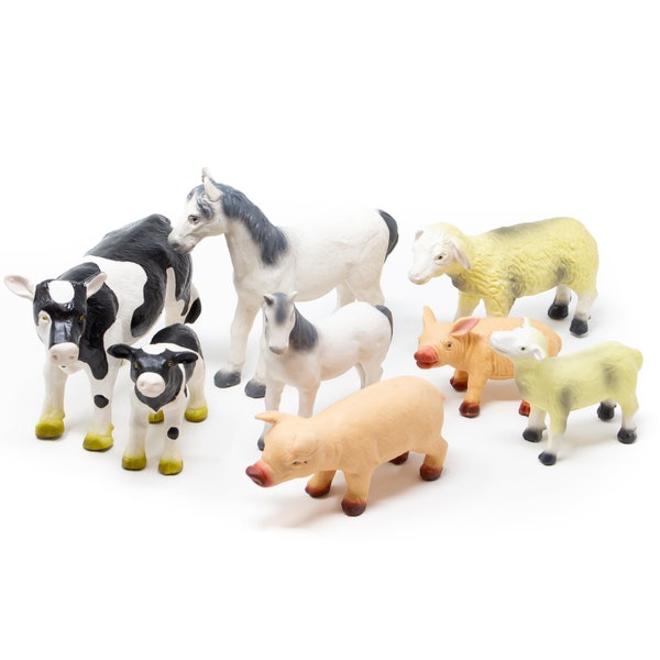 Natural rubber Farm Animals 8-Set (Horse, Foal,  Cow, Sheep, Lamb, Pig, Piglet), fully moulded, air filled | 12 months+