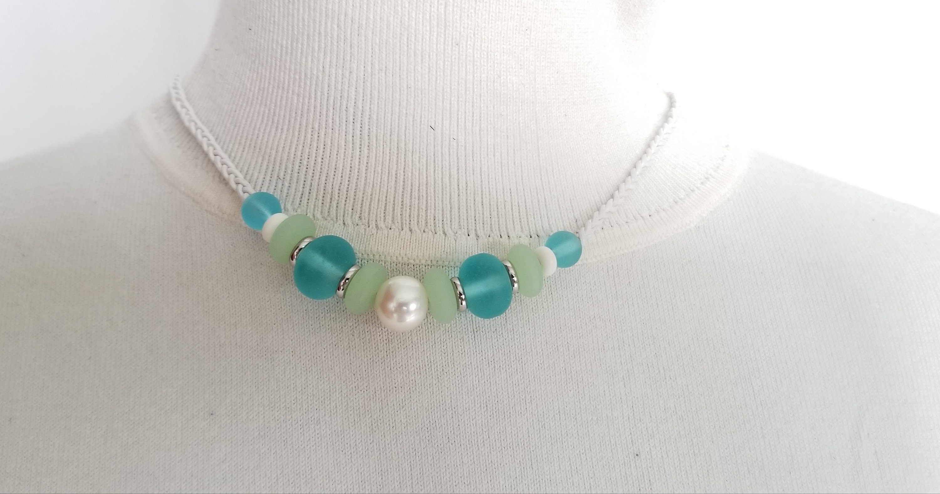 Large Pearl And Sea Glass Bead Necklace