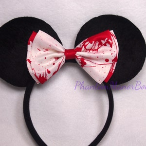 Minnie Mouse Ears - Bloody White Bow Horror Headband Halloween Blood Splatter Mickey