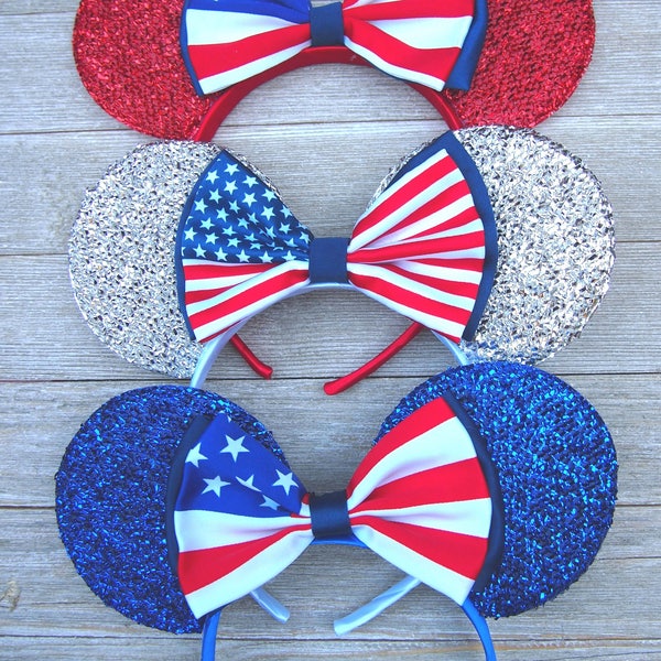 Minnie Mouse Ears - 4th of July Shimmer Silver American Flag Bow Red, White & Blue Headband Rockabilly 50's Pin Up Mickey US Fireworks