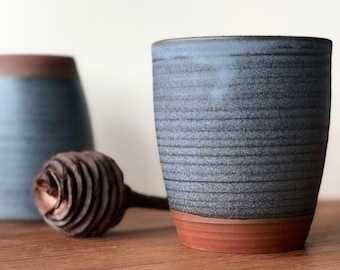Moody blue ceramic tumbler thrown in red clay 10oz  / 300 ml rustic blue everyday mug without handle