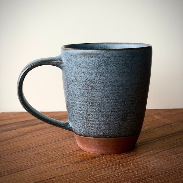 Moody blue-grey glazed rustic red stoneware pottery mug with handle, handmade cup for coffee and tea lovers