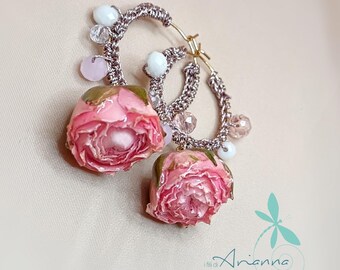 Crochet hoop earrings with real roses.