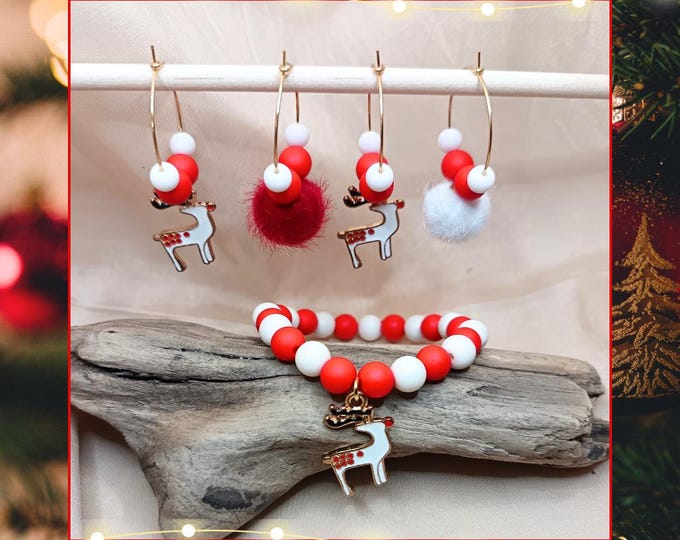 Gold-plated steel Christmas earrings and elastic Christmas bracelet.