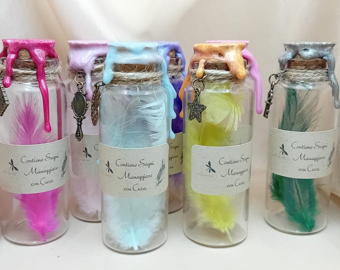 "Contains Dreams, Handle with Care" Bottle. Feather Bottle. Magic Bottle. Potions Bottle 8cm. Witch Bottle.