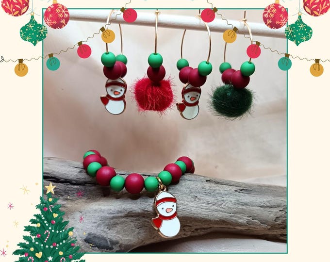 Gold-plated steel Christmas earrings and elastic Christmas bracelet.