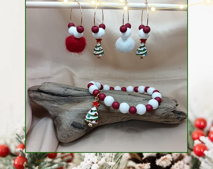 Gold-plated steel Christmas earrings and elastic Christmas bracelet.