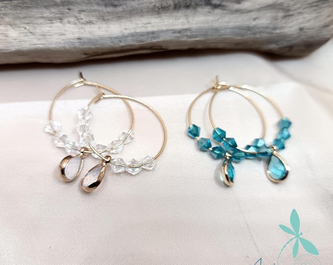 Glass crystal drop hoop earrings. Clear and turquoise.