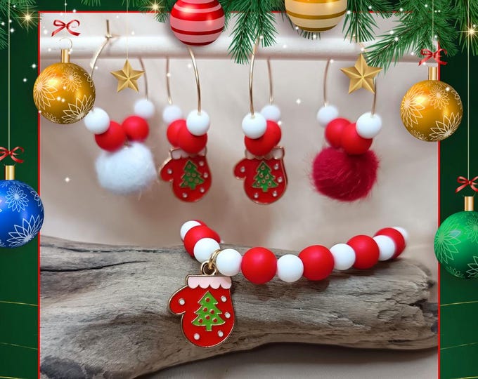 Gold-plated steel Christmas earrings and elastic Christmas bracelet.
