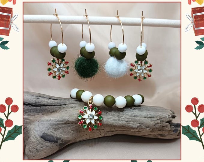 Gold-plated steel Christmas earrings and elastic Christmas bracelet.
