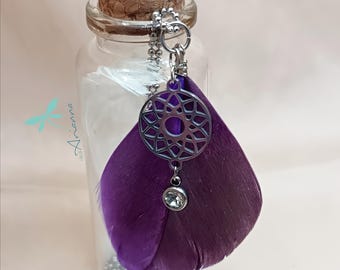 Steel necklace with feather and seventh chakra pendant.