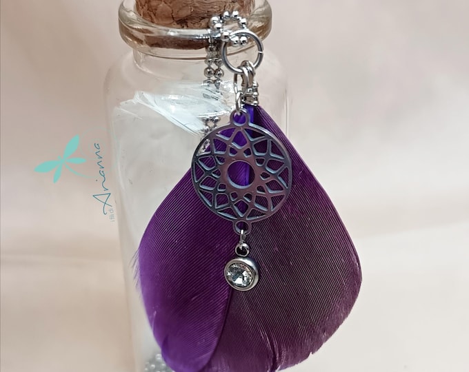 Steel necklace with feather and seventh chakra pendant.