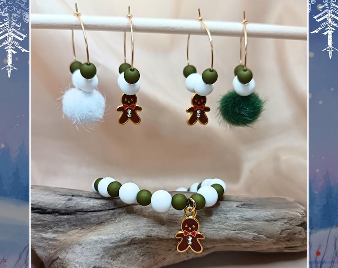 Gold-plated steel Christmas earrings and elastic Christmas bracelet.