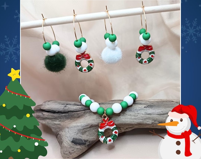 Gold-plated steel Christmas earrings and elastic Christmas bracelet.