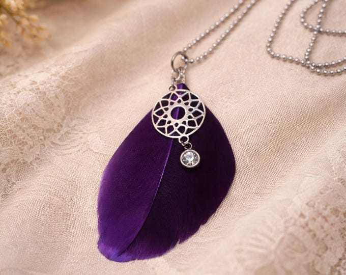 Steel necklace with feather and seventh chakra pendant.
